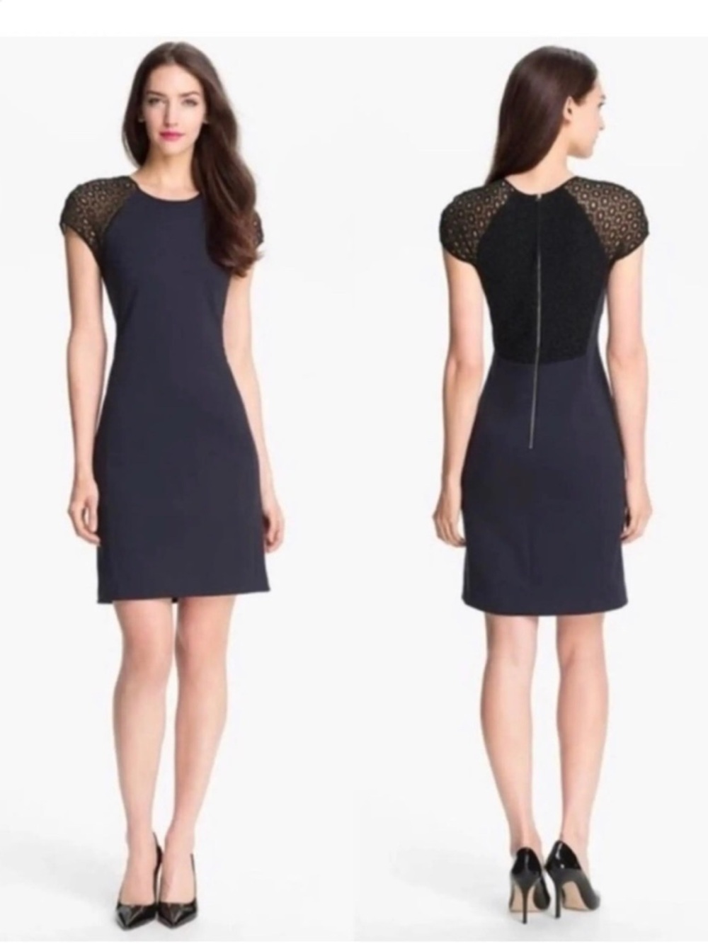 Rebecca Taylor Navy Ponte Shift Dress with Black Lace‎ Cap Sleeves. EUC. 8